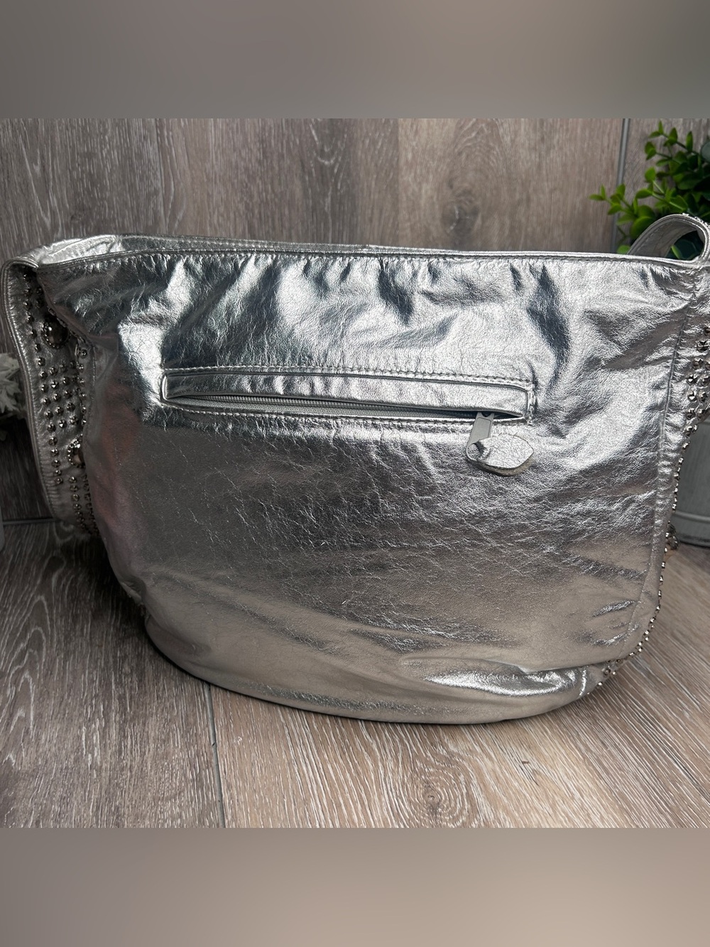 Bags by Pinky • Metallic Silver Studded Shoulder Bag • Genuine Leather •USA Made - Picture 5 of 12